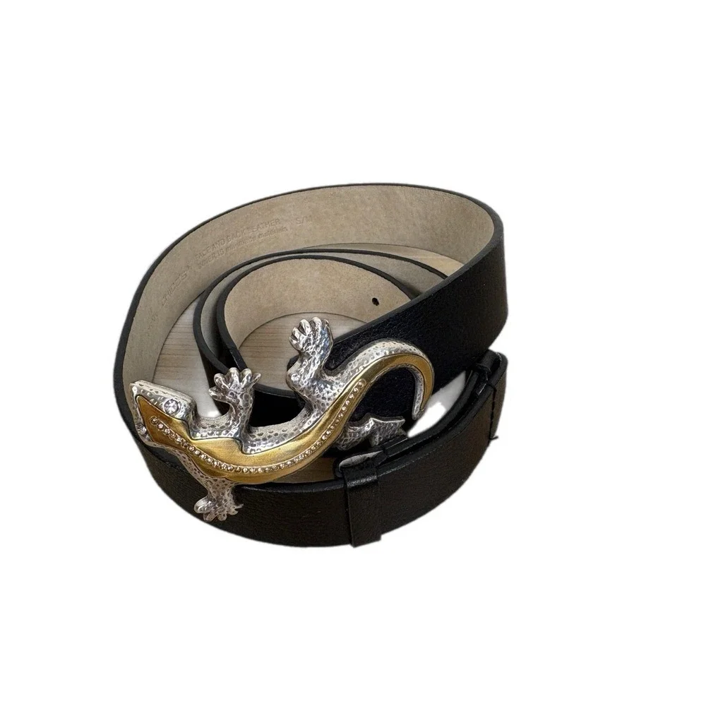 Vintage Chicos Black Leather Gecko Belt Womens Size S/M‎ Silver Gold Embellished